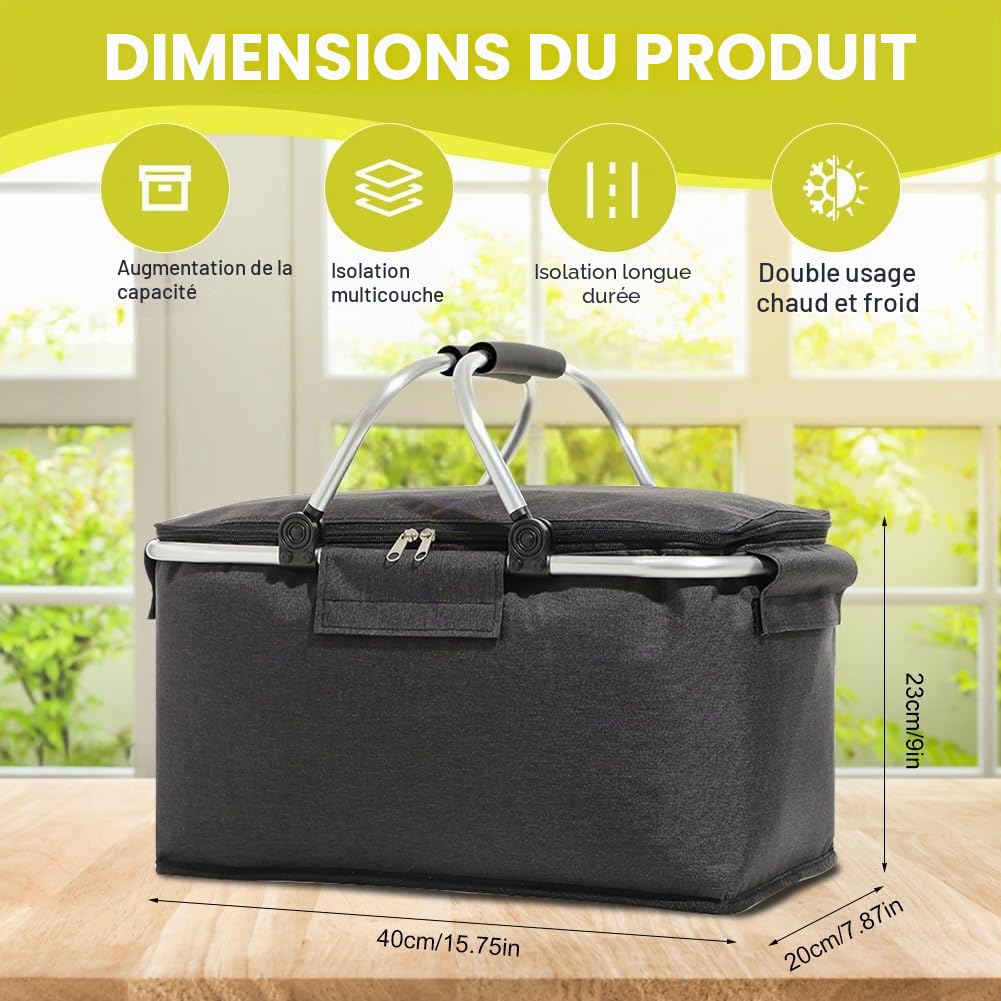 Panier à provisions pliable en alliage d'aluminium de 18 l avec poignée rembourrée et isolation zippée pour voyage/pique-nique, shopping