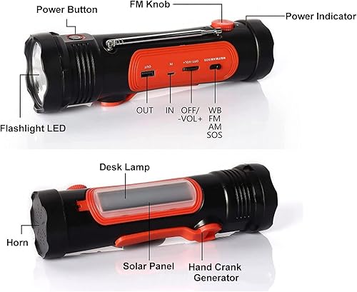 Miniatura 4 de Radio de manivela solar, manivela portátil SOS alarma AM FM WB linterna radio de 3 vías, radio de emergencia alimentada de 2600 mAh para campamento