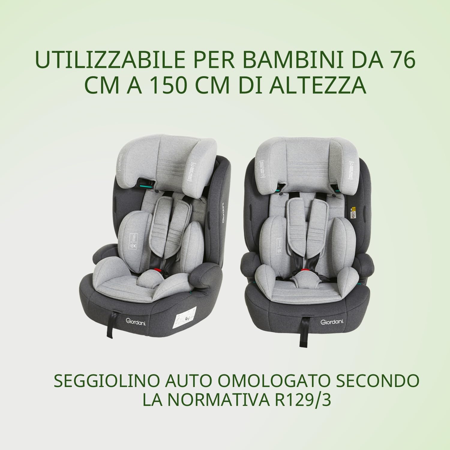 Giordani Adonis Silla de Coche 76-150 cm i-Size, Homologada R129/03 con Arnés de 5 Puntos y Reductor Ergonómico, Reposacabezas Ajustable y Sistema Harness Retainer, Evolutiva para Niños 15-36 kg