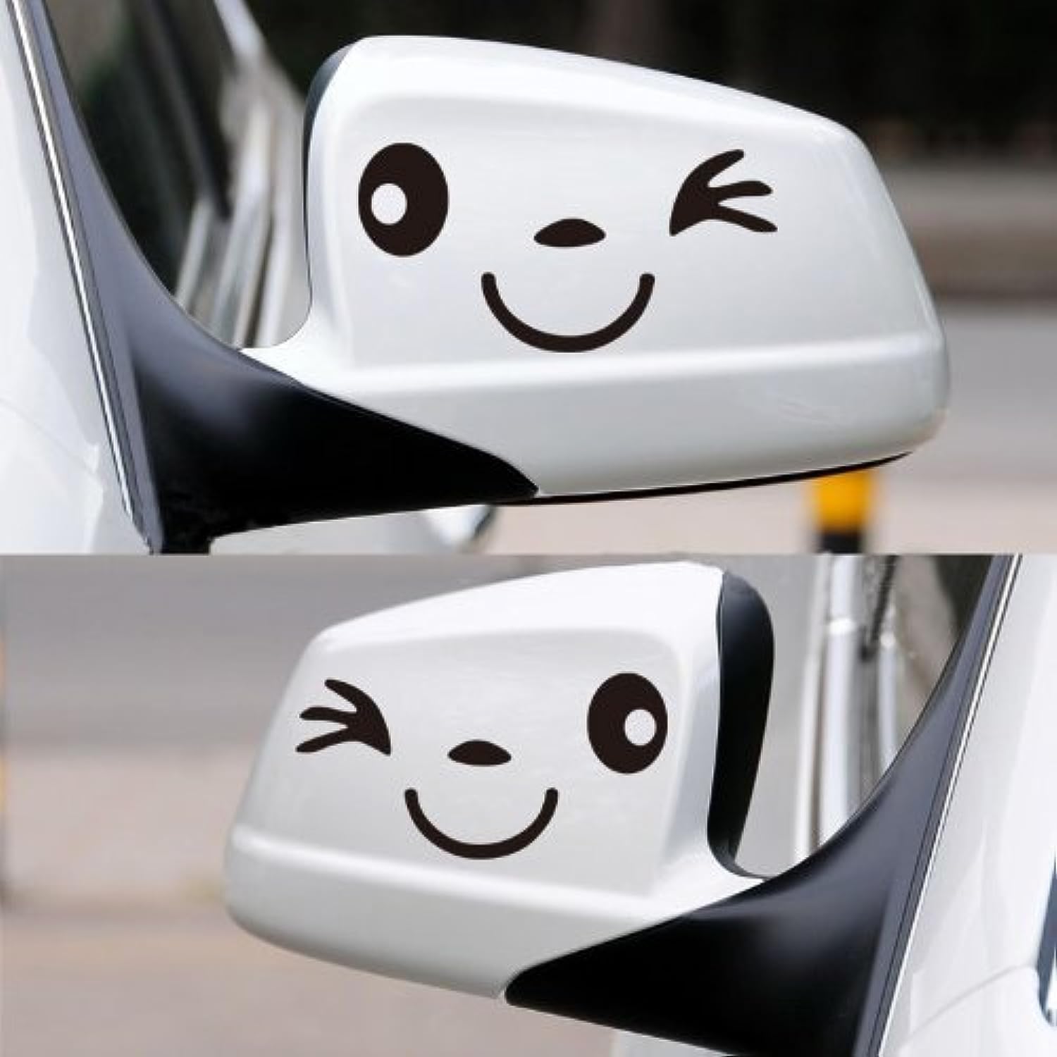 Winking Smiley Face Car Mirror Decals, 14.5 x 6cm, Vinyl Side View Mirror Stickers, Black and White, 1-Pair