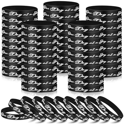 60 Pcs One Day at a Time Silicone Motivational Wristbands Black Inspirational Rubber Bracelets Sobriety Gifts for Addiction Recovery Sober Anniversary Alcoholics Anonymous Men and Women