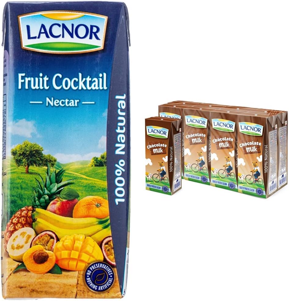 Lacnor Fruit Cocktail Nectar Juice - 180 ml x 8 & Essentials Chocolate Milk, 100% Natural, Rich in Vitamin and Calcium, 28% Reduced Sugar, 180 ML Pack of 8