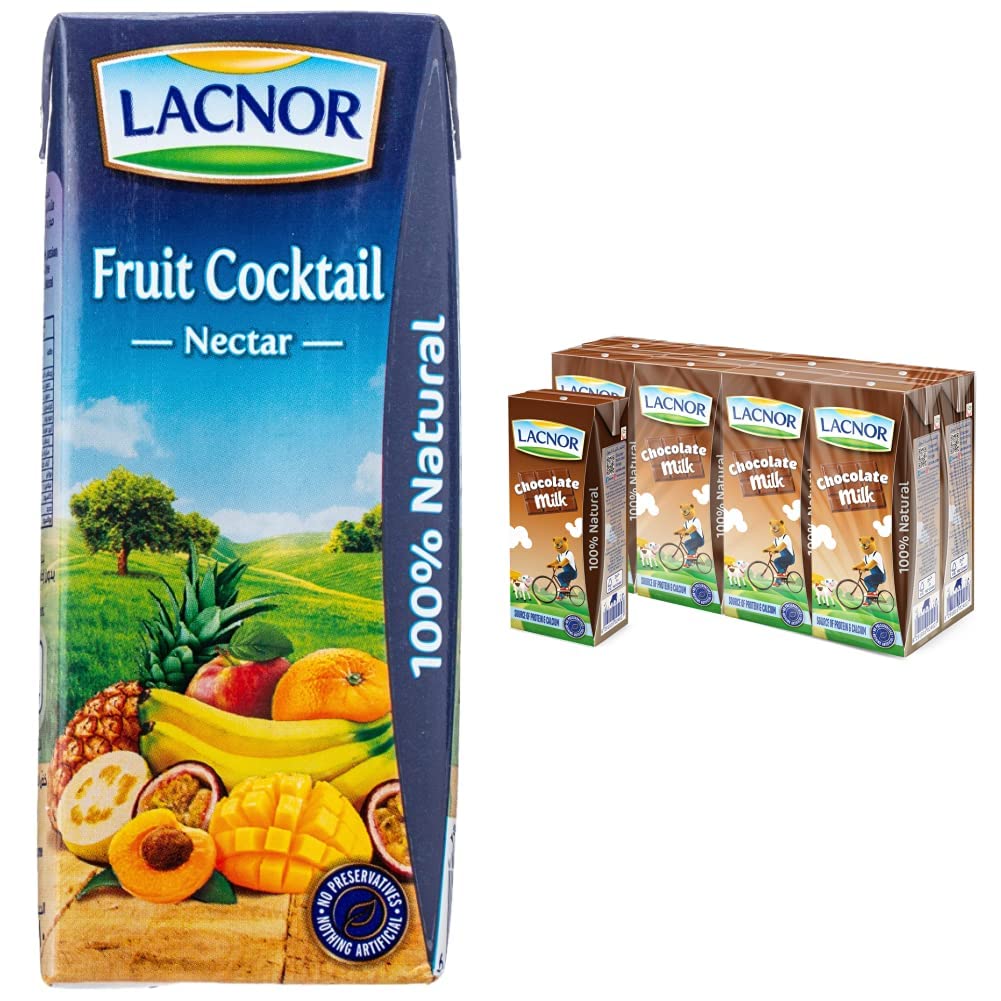 Lacnor Fruit Cocktail Nectar Juice - 180 ml x 8 & Essentials Chocolate Milk, 100% Natural, Rich in Vitamin and Calcium, 28% Reduced Sugar, 180 ML Pack of 8
