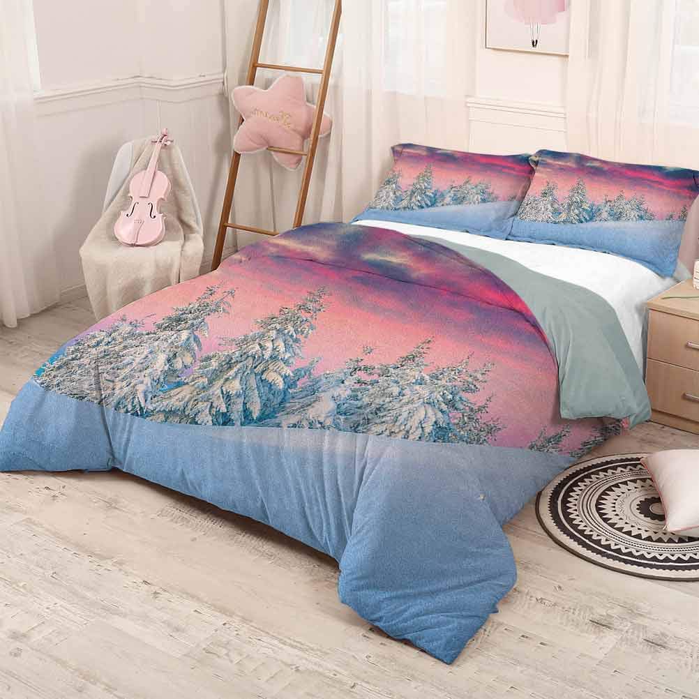 prunushome Winter 3-Piece Quilt SetIdyllic Scenery in Snow Covered Serene Mountains Pine Tree Forest Majestic Sky Printing Bedclothes Decor Pink Blue Cream 90x90in/20x30inx2