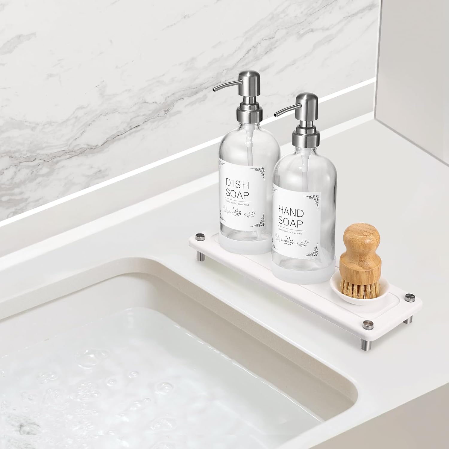 Dish Soap Dispenser Set for Kitchen - 16oz Glass Bottles with Stainless Steel Pump and Quick Dry Tray, Modern Sink Organizer with Dish Brush and Waterproof Labels for Bathroom Decor