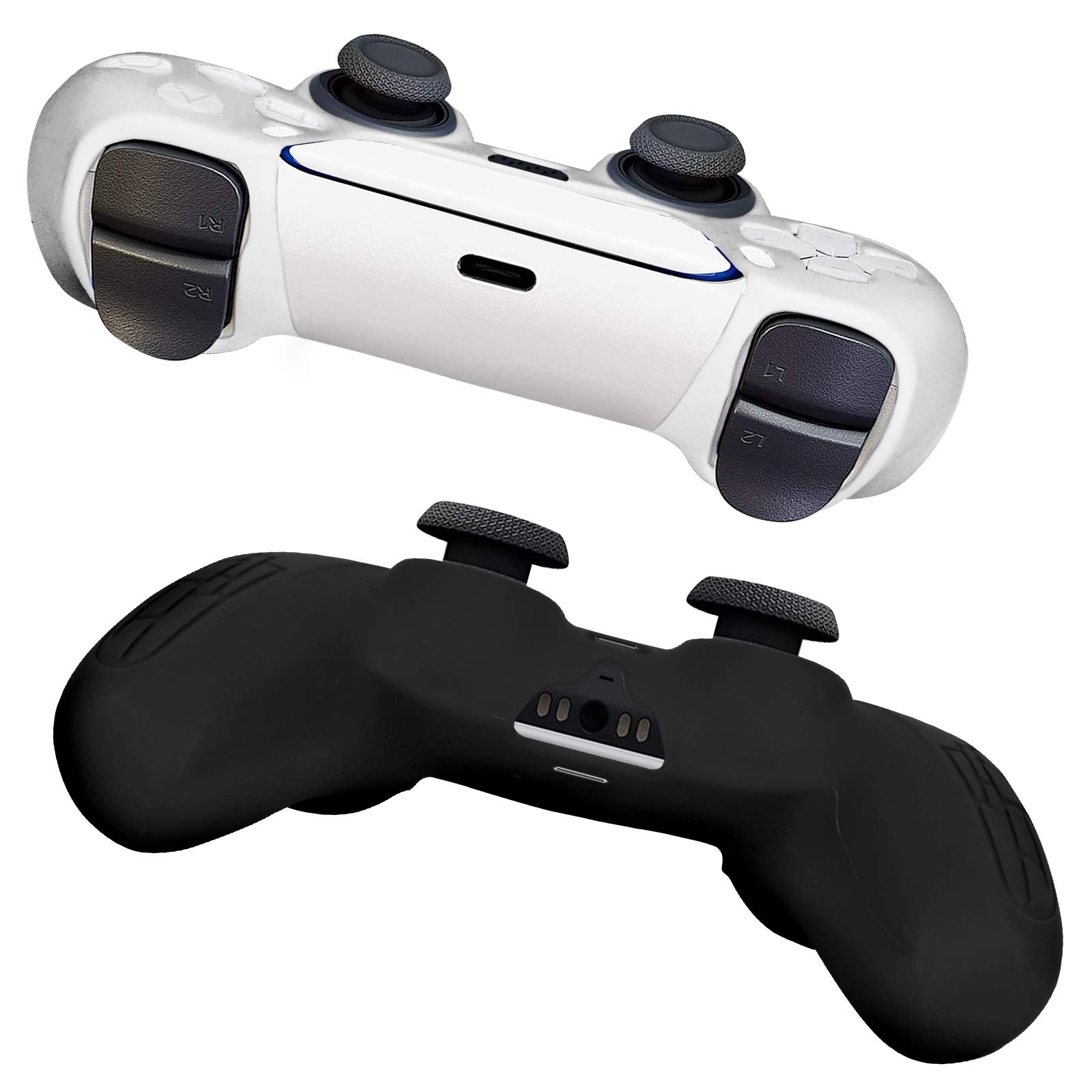 Newseego PS5 Controller Funda [2 Unidades], Funda Protectora de Silicona Suave Antideslizante para la Piel con 16 Piezas de Agarre para el Pulgar para PlayStation5 Controller,Negro + Blanco