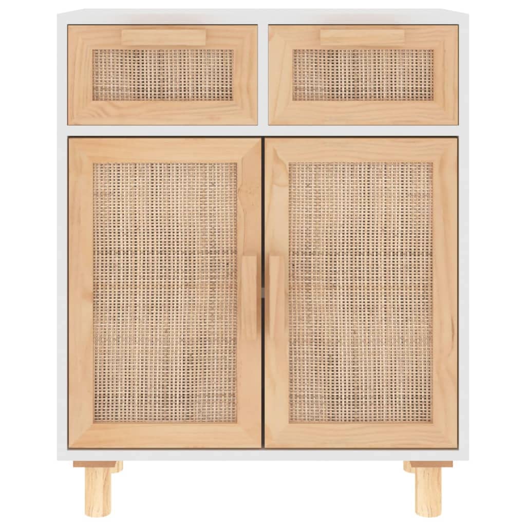 Buffet Blanc 60x30x75 cm, Meuble de Rangement avec 2 Tiroirs et Porte en Rotin Naturel, Enfilade en Bois de Pin Massif pour Salon et Entrée, Design Scandinave et Bohème