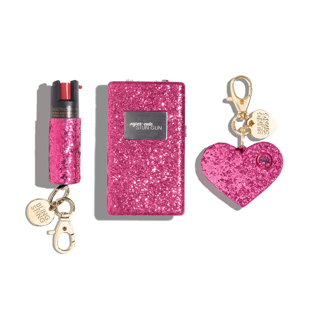 BLINGSTING Pepper Spray, Lipstick Stun Gun, & Alarm 3-in-1 Safety Kit - Professional Grade, Maximum Strength, High Voltage Self-Defense for Women, Pink Glitter