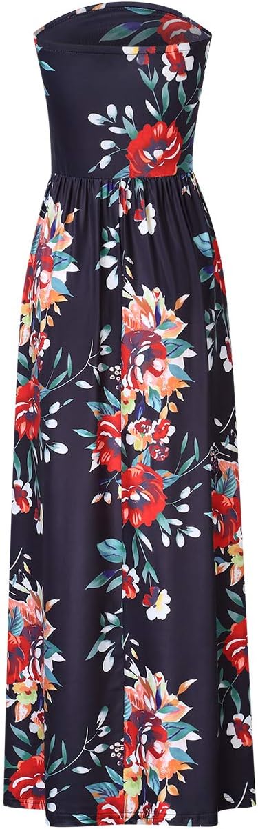 GloryStar Women Strapless Floral Print Bohemian Boho Maxi Dress Casual Off Shoulder Beach Party Dress with Pockets (L, A-Black red Print) - Image 3