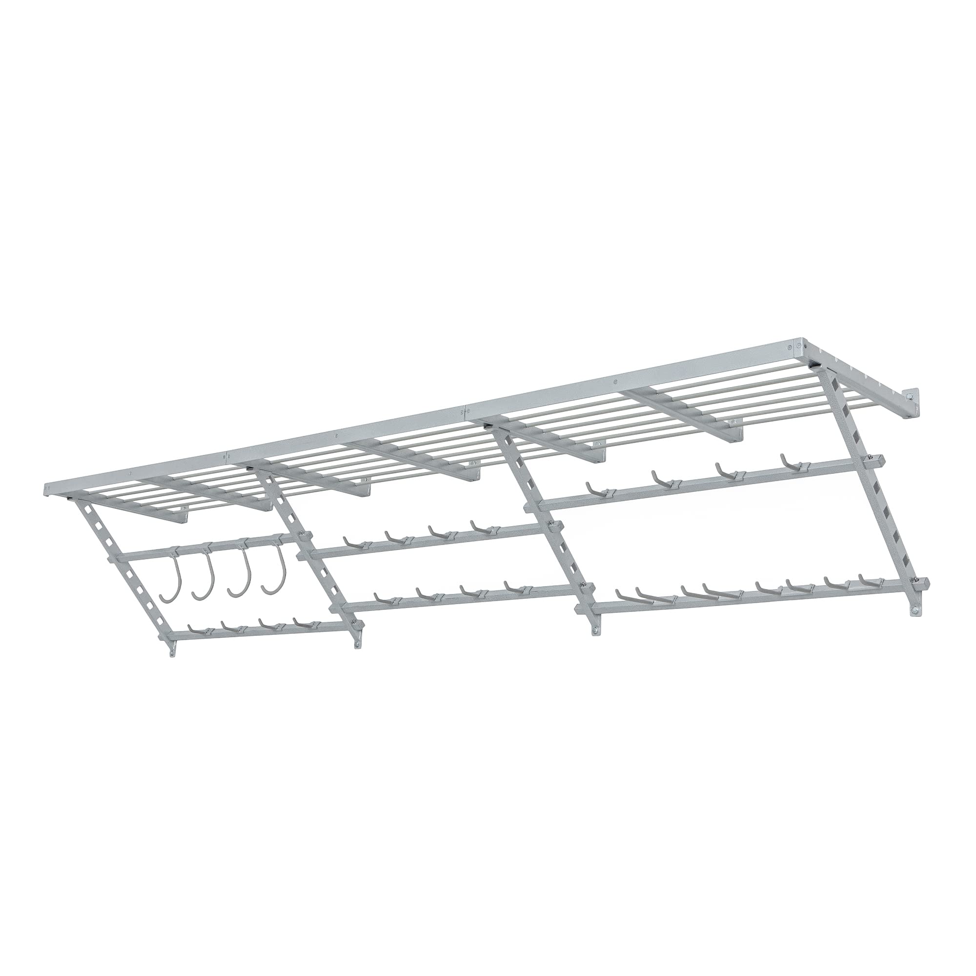 Garage Essentials 220863 96 Inch Wide Wall Mounted Utility Storage Organization Rack with 4 Bike Hooks and 20 Regular Hooks, White
