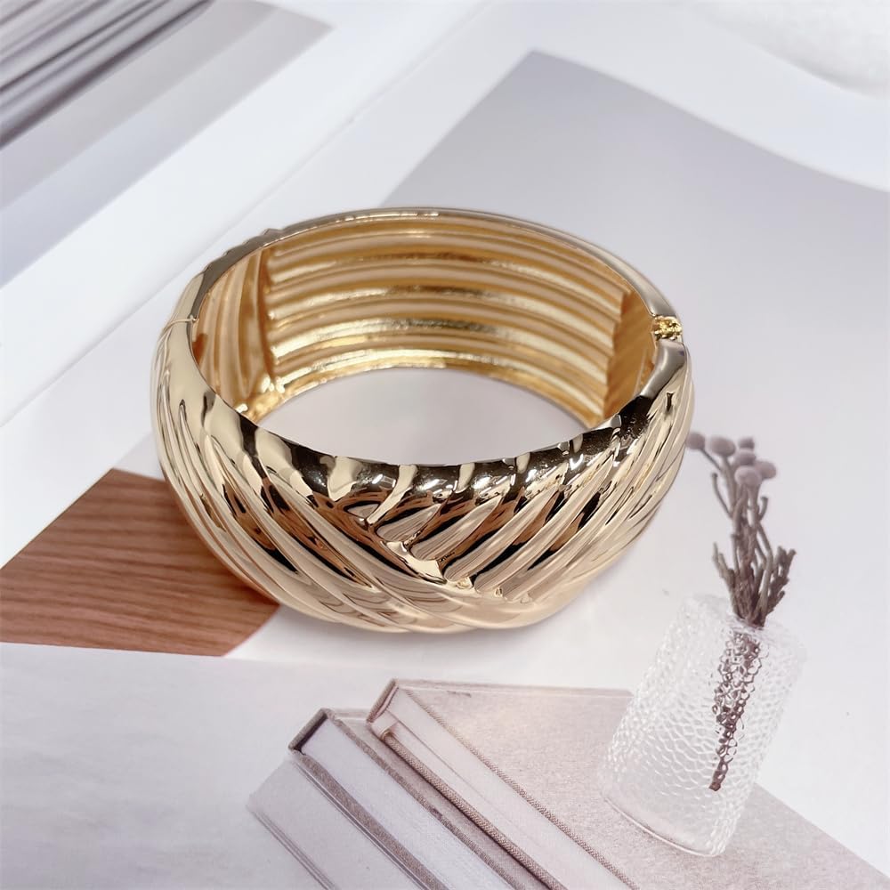 Dainty Twist Stripe Wide Chunky Bangle Bracelets for Women Minimalist Classic 14K Yellow Gold Plated Oval Cuff Wrist Open Bangles Statement Unique Design Fashion Trendy Jewelry Gift - Image 2