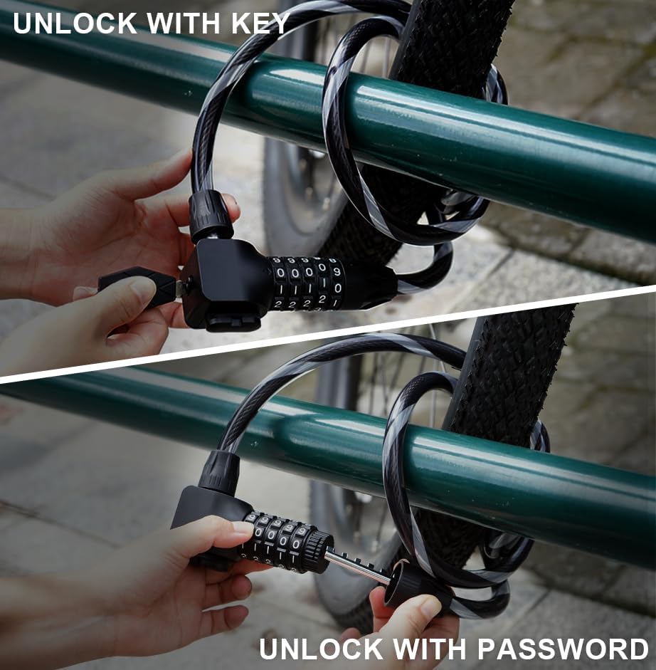 Miniatura 6 de Candado de bicicleta antirrobo de 4 pies para bicicleta con contraseña de combinación de 5 dígitos con 2 llaves y soporte de montaje resistente para