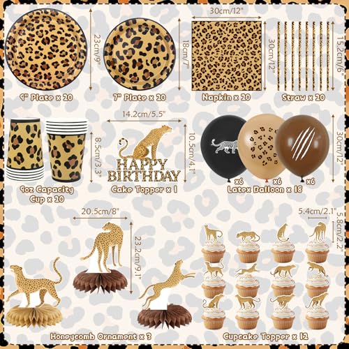 Gepard Geburtstag Dekorationen Leopard Print Party Supplies einschließlich Happy Birthday Backdrop Geschirr Tischdecke Luftballons für Dschungel-Safari Print Party Baby Shower, serviert 20