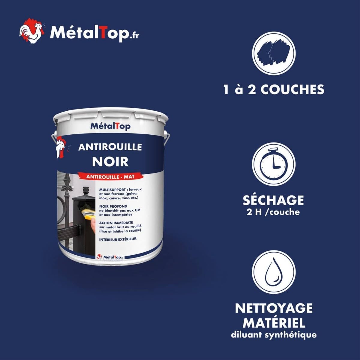 Metaltop - Antirouille Noir - Noir signalisation - RAL 9017-1 L - Sous-couche protectrice antirouille pour métal et fer