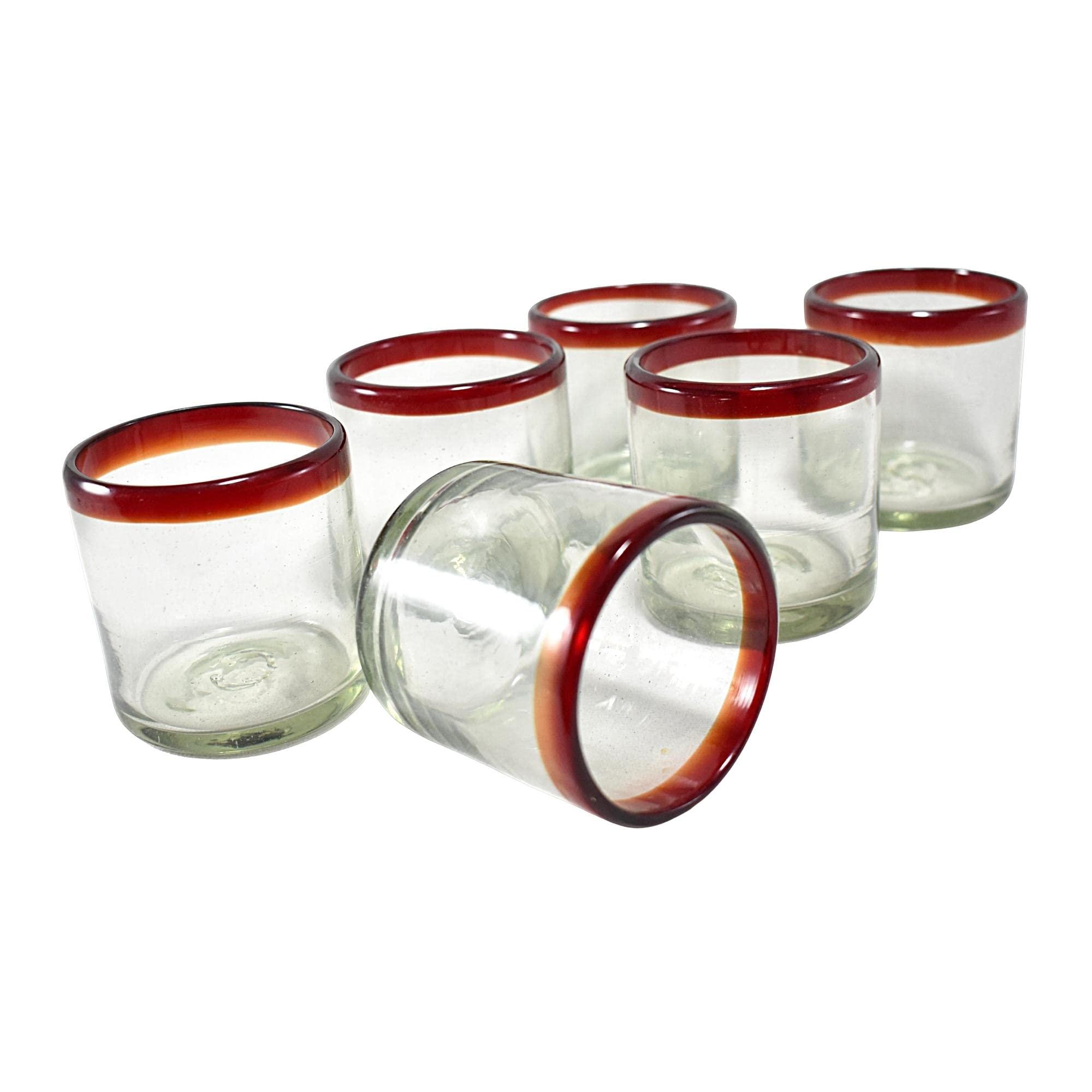 MAREY Handblown Drinking Glasses Artisan Crafted from Mexico Set of 6 pieces (Red Rim, Old Fashioned 10 fl.Oz.)