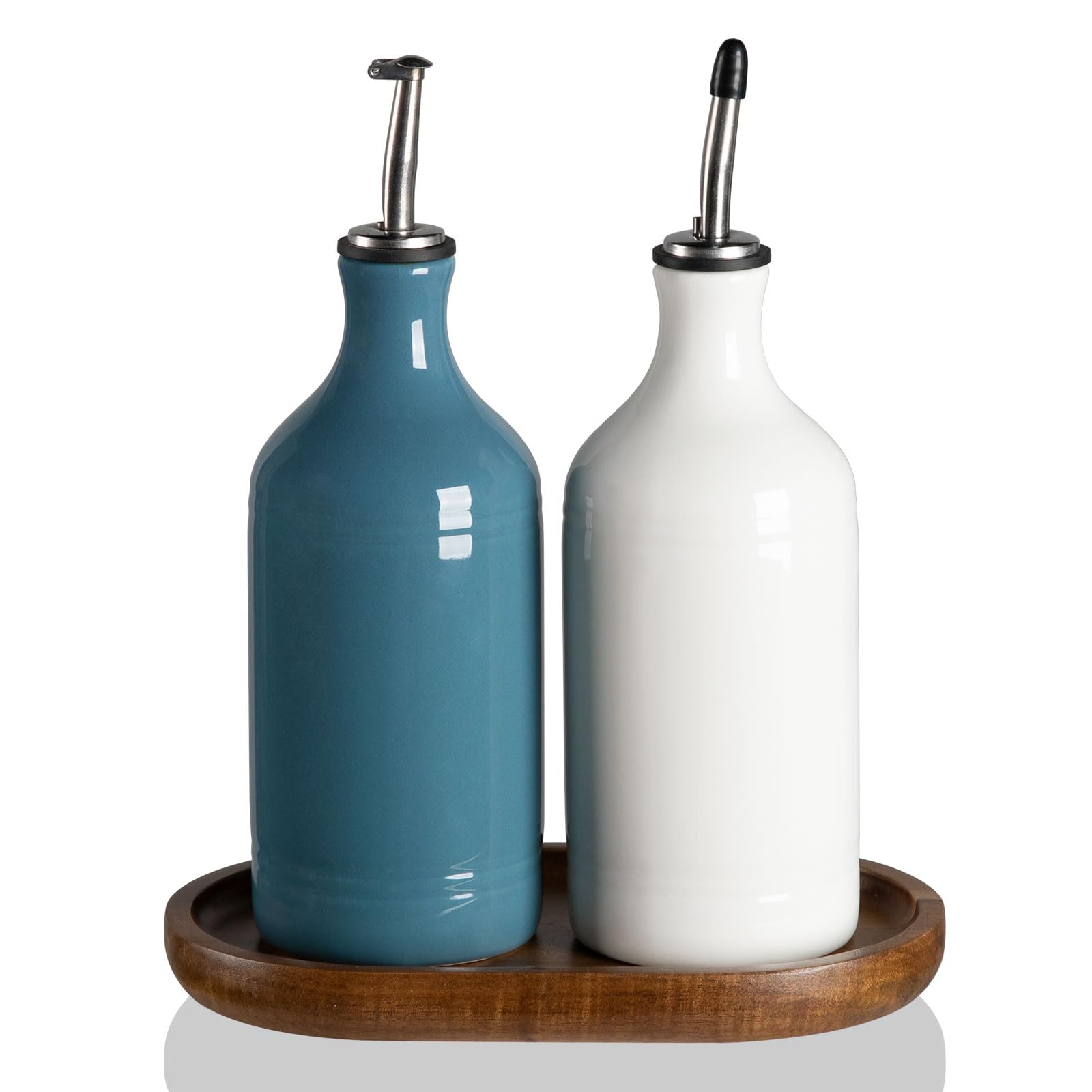 Sweejar Home Ceramic Olive Oil Dispenser Bottles with Tray, 460ML Oil Dispenser Set for Kitchen Counter, Opaque Oil Cruet for Storage Soy Sauce, Vinegar, Liquids, Pack of 2 (WhiteFogblue)