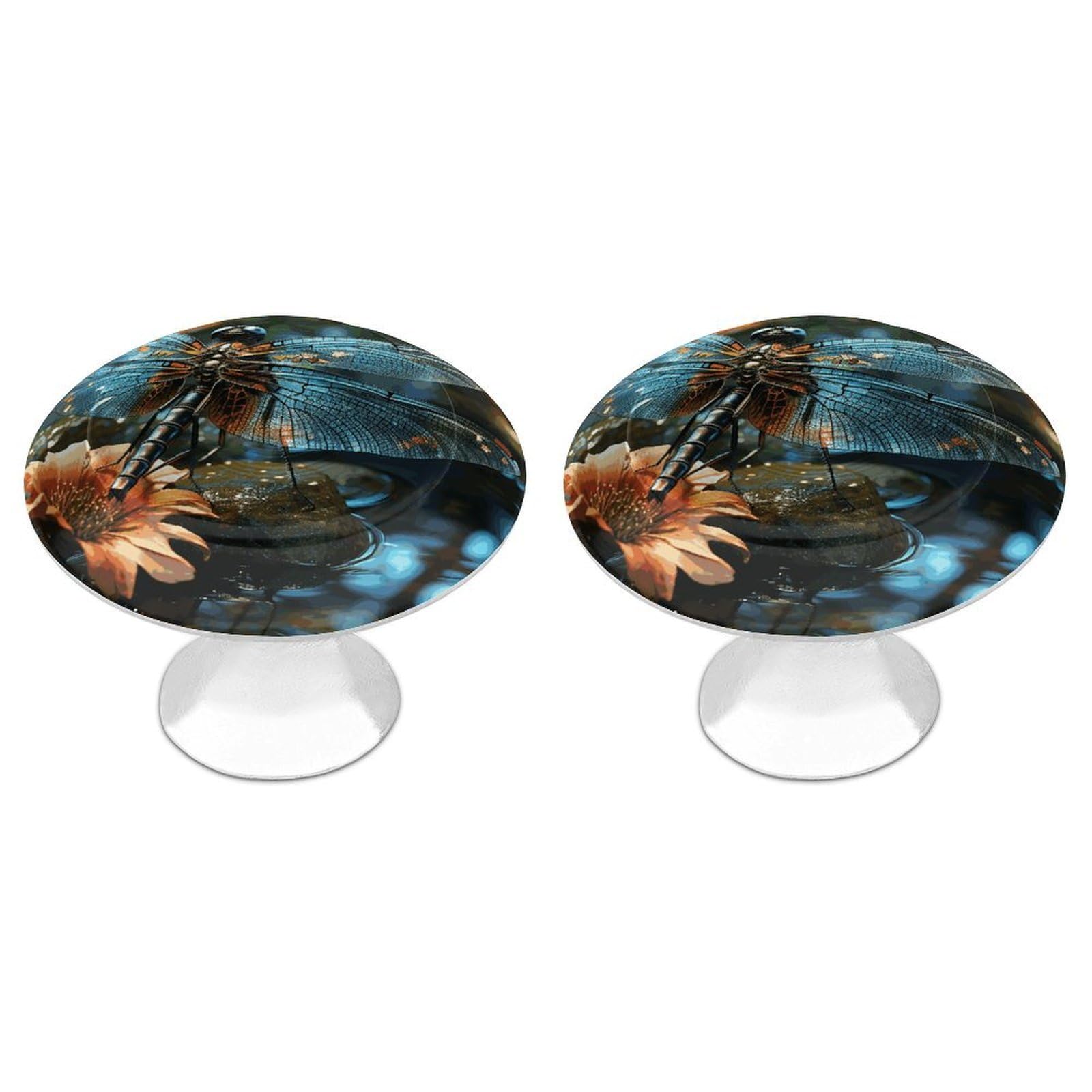 Fekiloot White Dragonfly Flying On The Pond Cabinet Knobs For Kitchen Ornament, Round Zinc Decorative Drawer Pulls For Cabinets Trendy, Dresser Drawers Pulls Bathroom Dresser Knob With Screw