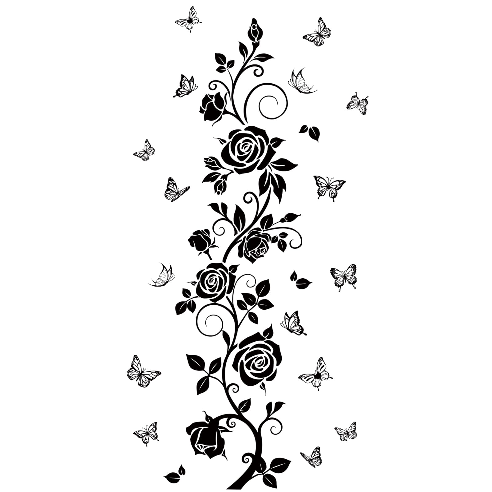 FUFUQUARE Black Flowers Vine Wall Stickers Rose Floral Butterfly Wall Decals Vinyl Removable for Bathroom Bedroom Living Room Nursery Office Decoration
