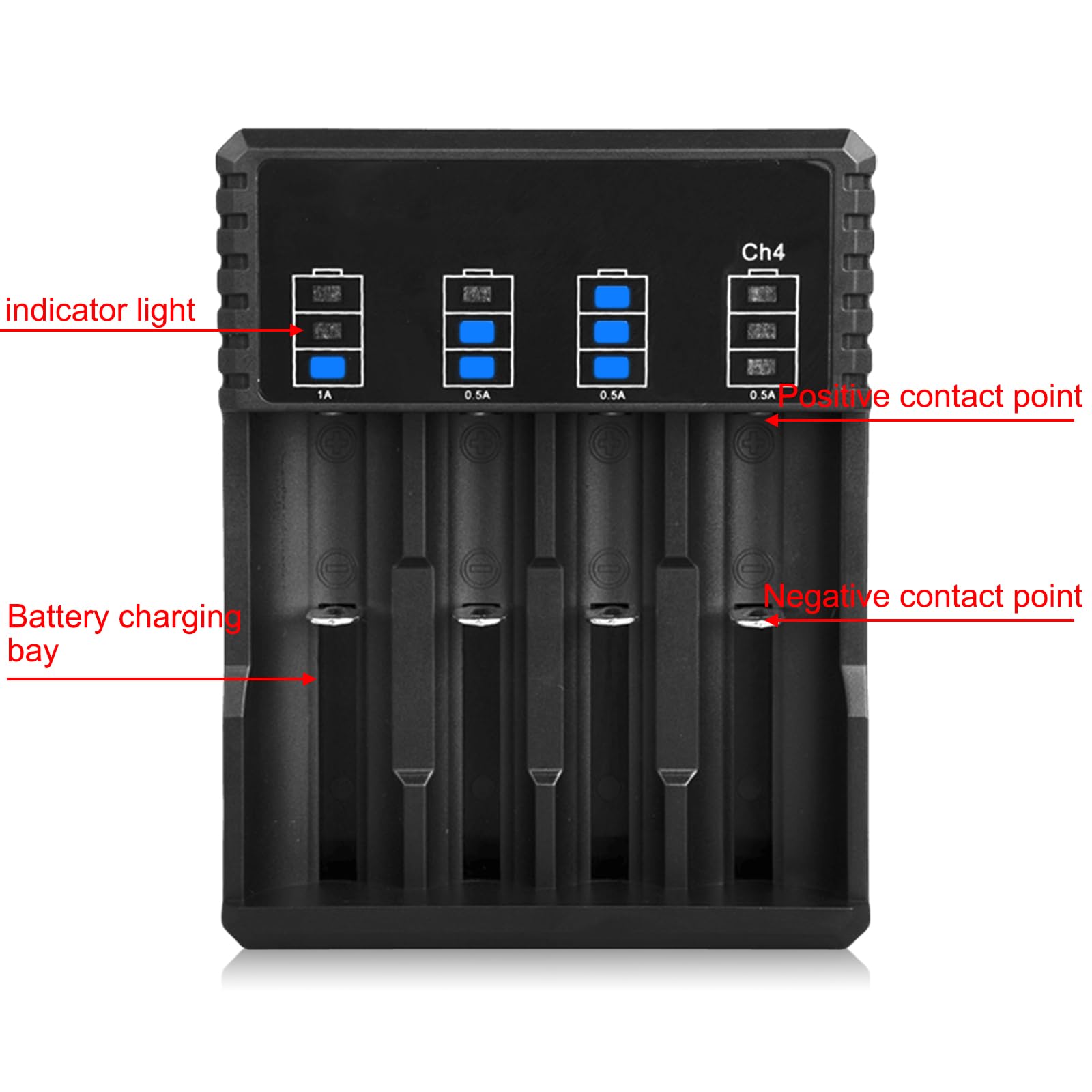 Caricabatterie universale 18650, a 4 scomparti, con indicatore LED, caricatore universale per batterie USB veloce per batterie agli ioni di litio 18650 18350 21700 16340 26650 AA AAA C 3,7 V