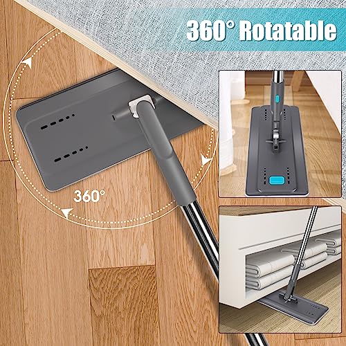 MASTERTOP Wischmopp Set mit Eimer, 2 in1 Bodenwischer mit Auswringfunktion für Nass-Trockennutzung, 141cm Flach Mopp Wischmop Set mit 6 Mikrofaser Pads für Alle Hartböden, Blau – Bild 5