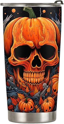 Vaso de Halloween de 20 onzas, vaso de calavera, vaso de calavera de calabaza de Halloween, taza de viaje aislada con tapa, termo de café para
