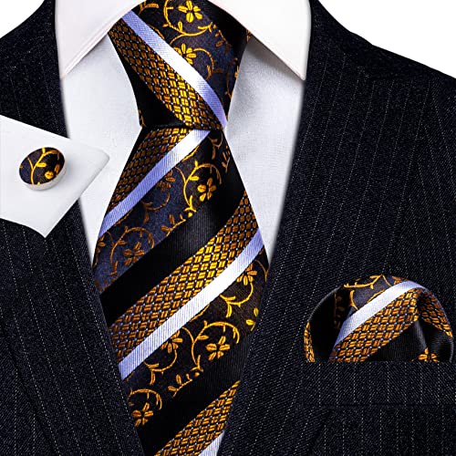 Image of Barry.Wang Man Stripe Ties Set Silk Woven Pocket Square Necktie Cufflinks Formal Party Business