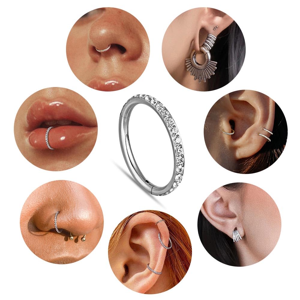 5/10 aros para tabique, 16 g/1,2 x (6-8-10) mm, acero inoxidable quirúrgico con circonita cúbica, aretes de aro para cartílago para roook, daith, tragus, patrón de concha, oro y plata