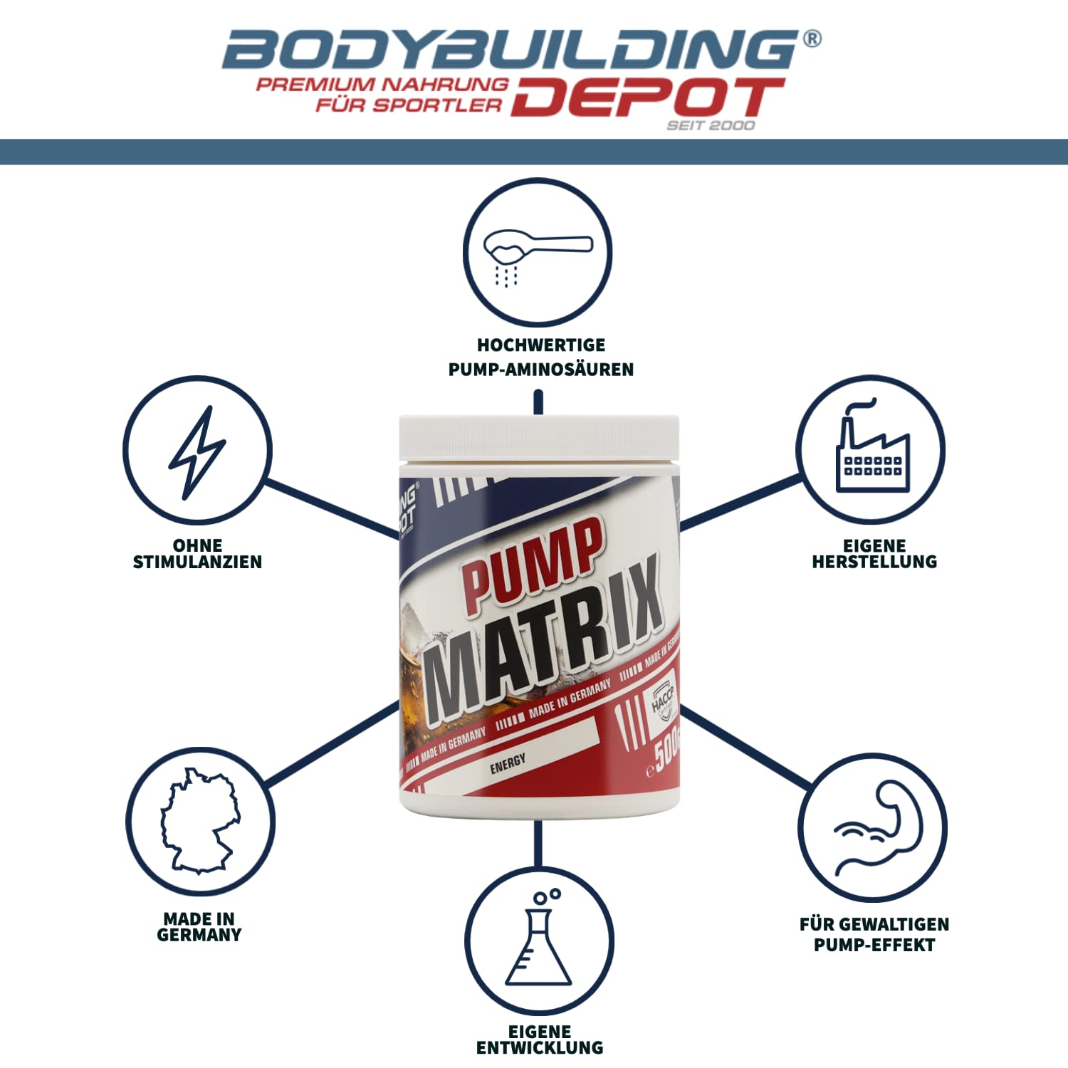 Bodybuilding Depot® - Pump Matrix 500g, Pre Workout Booster ohne Koffein, hochdosierte Aminosäuren, für maximalen Pump-Effekt im Training, vegane Rezeptur