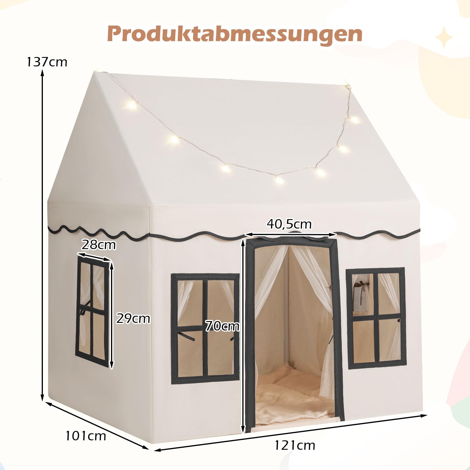COSTWAY Kinderspielhaus mit Sternenlichtern, Prinzessin Prinzess Kinderzelt mit Fenstern & Netzvorhängen, Kinderspielzelt Spielzelt Spielhaus für Jungen und Mädchen (Beige)