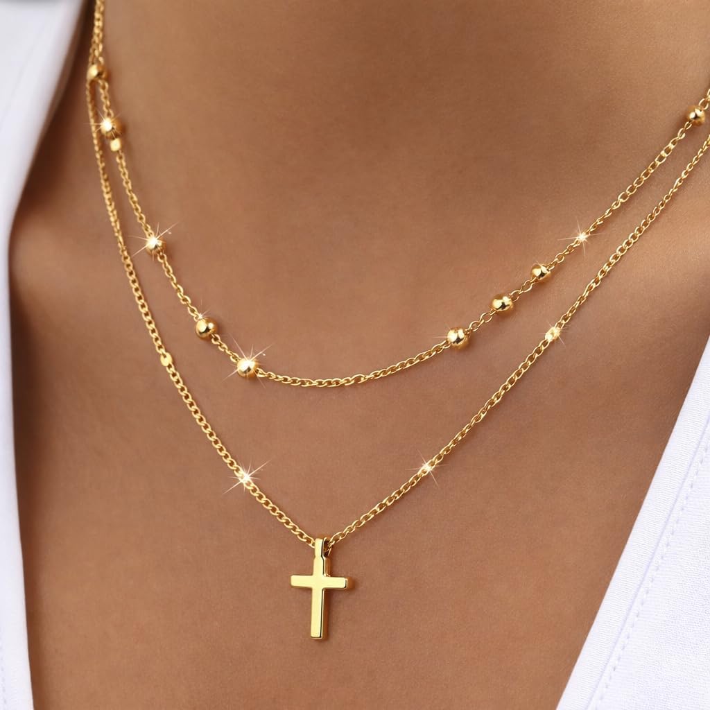 14K Gold Cross Necklace for Women Layered Dainty Small Crucifix Pendant Necklace Chain - Image 3