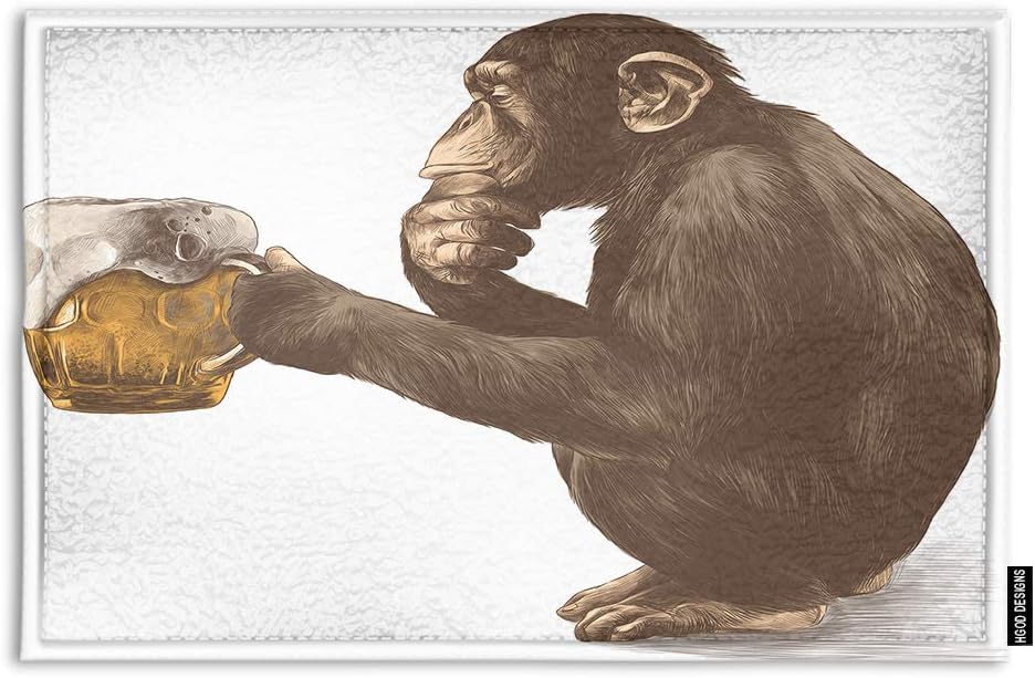 HGOD DESIGNS Monkey Doormat,Monkey Sitting On His Haunches with A Thoughtful Look and Holding in Its Paws A Glass of Beer Indoor/Outdoor Doormat Door Mat Decor Rug Non Slip Mats 18"(L) X 30"(W)