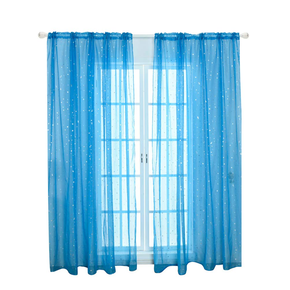VOSAREA Voile Window Curtain Romantic Silver Star Foil Window Treatment Glitter Stars Sheer Curtains Panel for Girl Kids Bedroom Living Room- 100 * 270CM (Blue)
