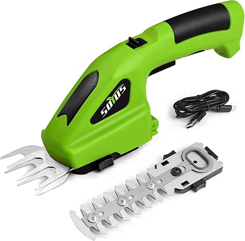 SOYUS Cortasetos inalámbrico, recortadora de setos de mano 2 en 1, recortadora de césped eléctrica de 7.2 V con cargador y batería, cizalla de