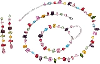 Silver Plated Rainbow Crystal Necklace, Sparkly Cubic Zirconia Rhinestone Multicolor Chain Choker Bracelet Earring Jewelry Set