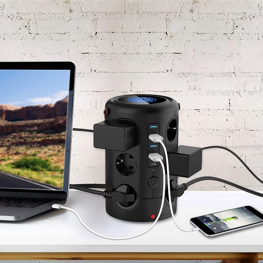 Wieża przeciwprzepięciowa na 12 gniazd z 4 portami USB i 1 USB-C i ładowarką bezprzewodową, 2500 W 10 A 110–250 V, przewód 1,8 m, wskaźnik LED, gniazdo przedłużające z wieloma
