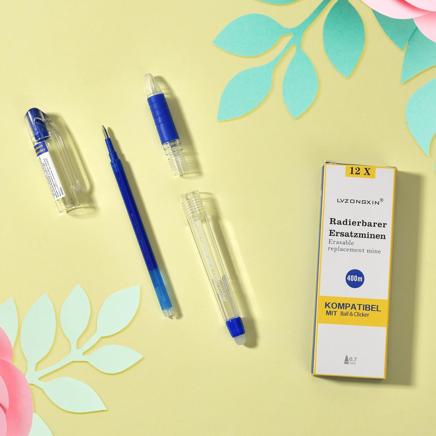 LVZONGXIN - 12 mine di ricambio cancellabili, compatibile con Pilot Frixion [blu], penna roller cancellabile, punta 0,7 mm, ricariche con inchiostro cancellabile (blu) (BLU, 12)