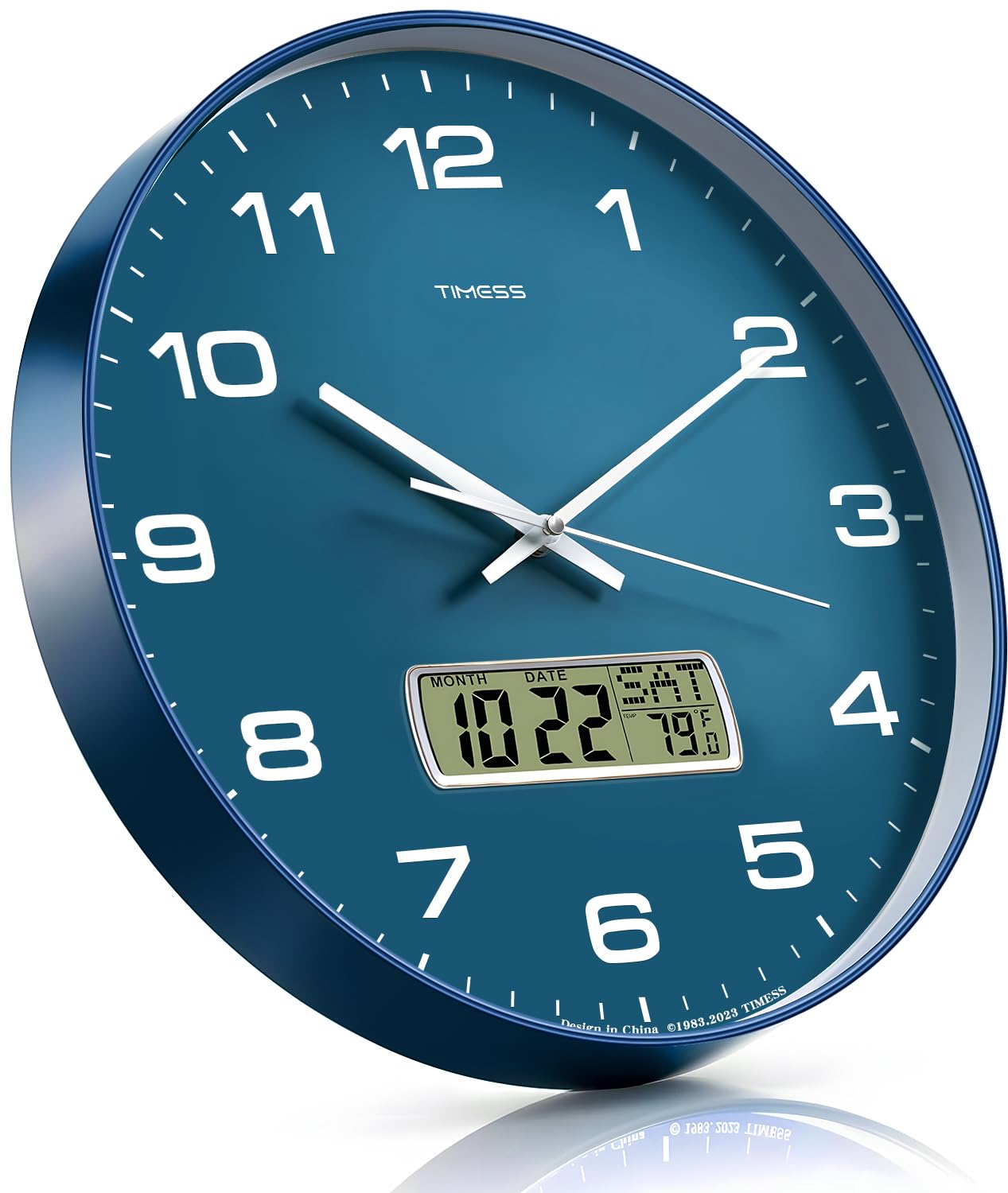 Wall Clock, 12" Dial Non-Ticking Silent Battery Operated Analog with LCD Display for Perpetual Calendar and F° Temperature, Ideal Modern Home, Bedroom, Kitchen, Office Decor (Blue)