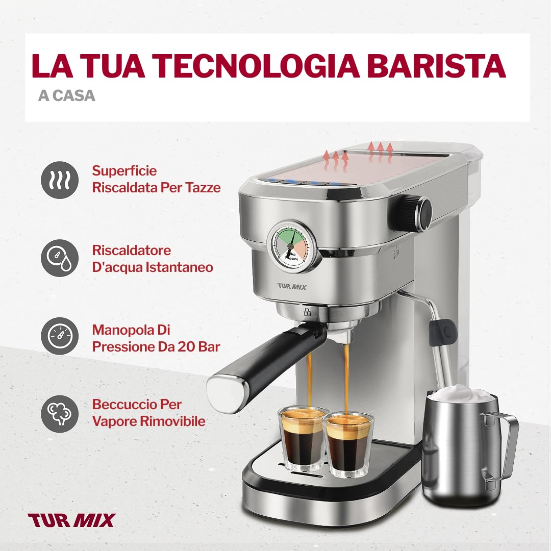 Turmix TX 590 - Macchina per caffè espresso in acciaio inox, 20 bar con montalatte, larghezza 17 cm, serbatoio acqua 1,1 l, superficie di appoggio riscaldata