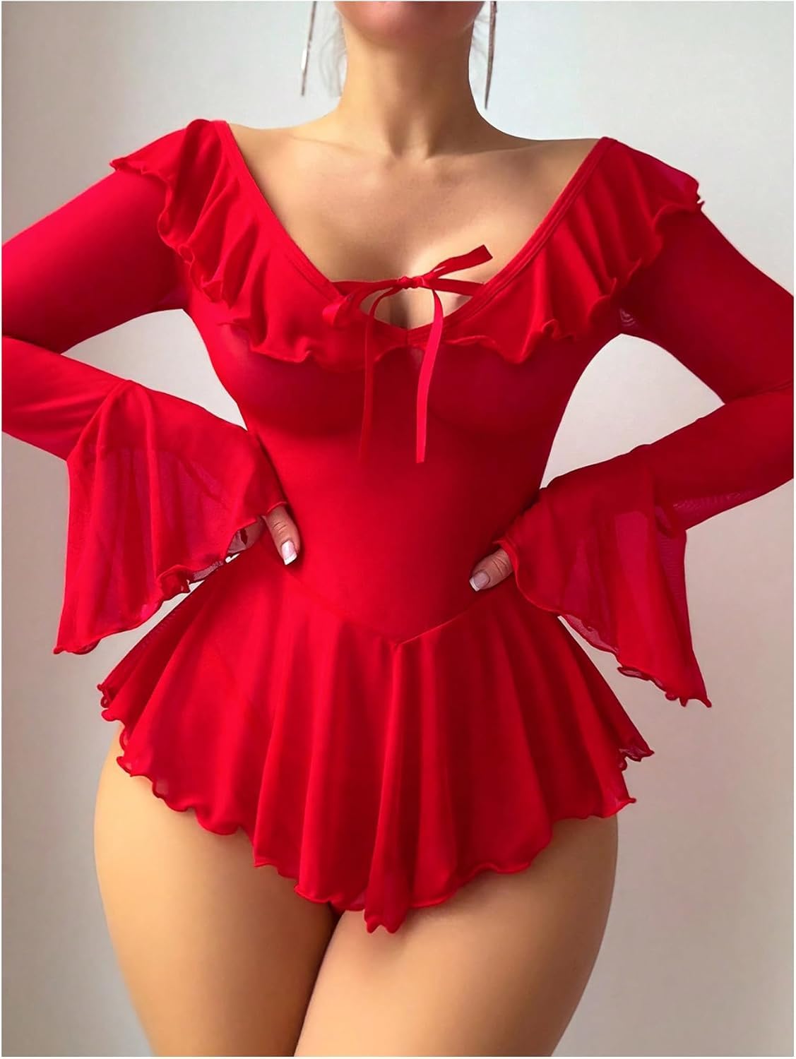 Neohouny Sexy Lingerie for Women Rave Outfits Clubwear See Through Lingerie Sets Bell Sleeve Ruffle Mesh Tops: Red Small