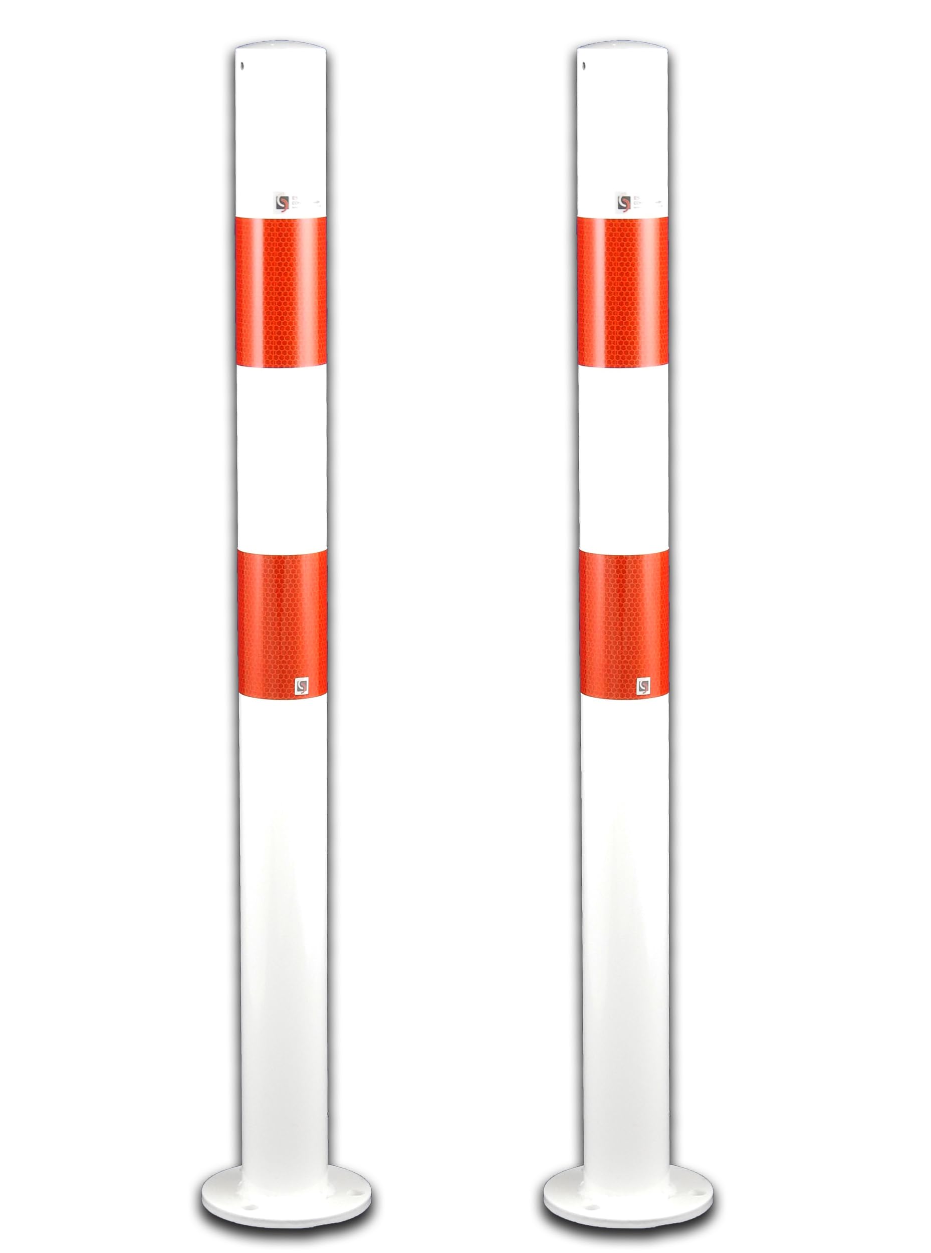 UvV Stahl Sperrpfostenset (2 Stück) Pulverbeschichtet weiß, rot - Rund Ø60,3 mm mit Fußplatte zum Anschrauben (80 cm + Kette)