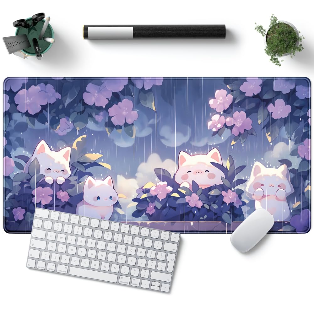 Kawaii Cat Desk Mat XXL Extended Purple Gaming Mouse Pad Large Mousepad | Cute Desk Mat Keyboard and Mouse with Stitched Edges Desk Pad for Game Office Home Desk Purple Decor 31.5x15.7 in