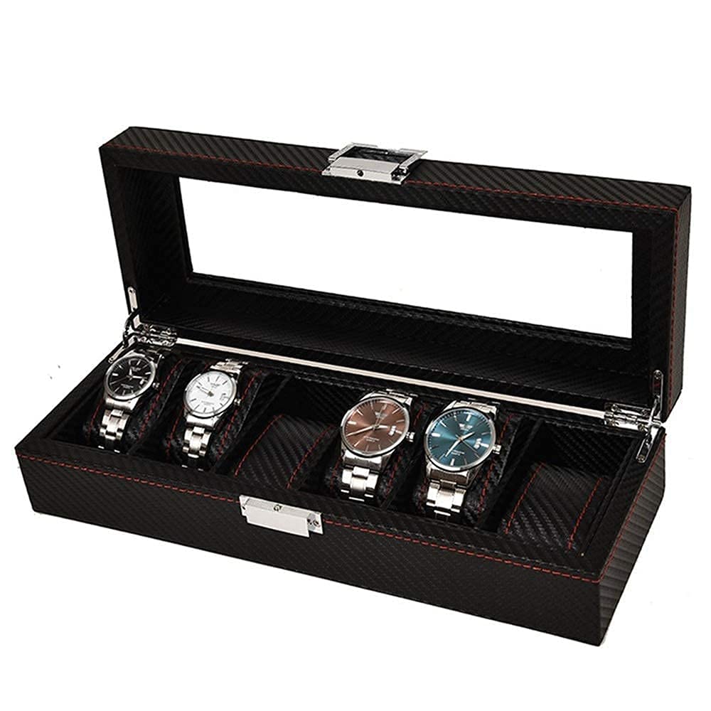 Caja de almacenamiento para relojes Caja expositora para 6 relojes Estuche de almacenamiento de piel sintética con panel de vidrio Soporte organizador de joyas para hombres Regalo para sus amigos y
