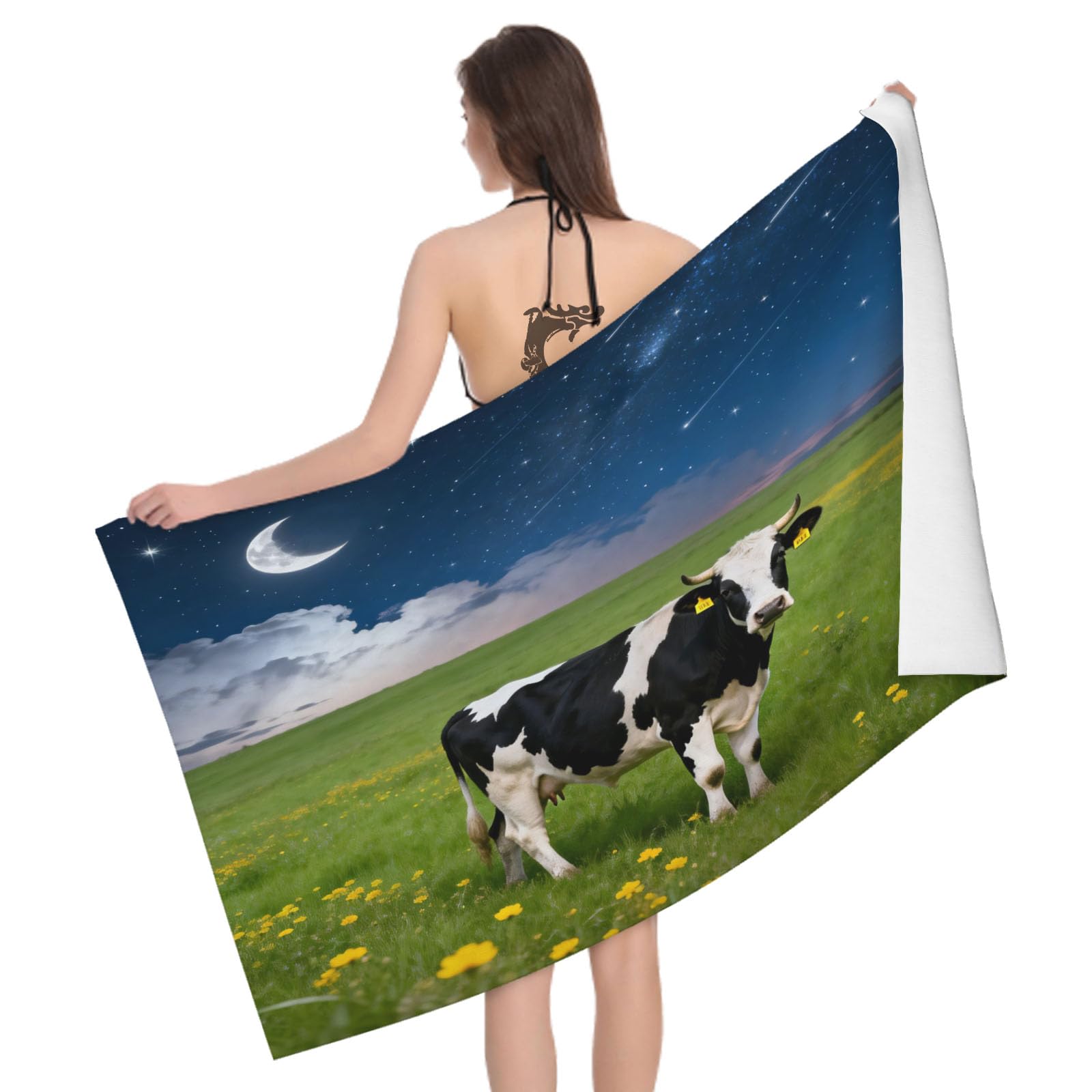 Leichong 3D Black White Cow Beach Towel Microfiber Soft Quick Dry for Adults, Farm Animal Bath Towel Lightweight Soft Absorbent for Travel Swimming Pool Sports, 75 x 150 cm