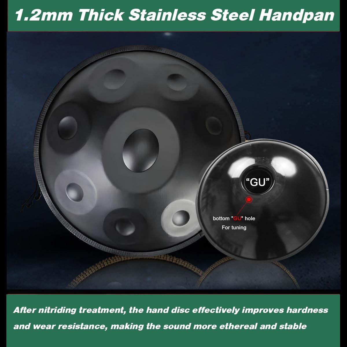 Handpan 432 440 Hz Tamburo a Mano In Acciaio Da 22 Pollici, Strumento a Drum Handpan Re Minore 9 10 12 Note per Principianti Sound Healing Meditazione(Blue,440HZ/10Note)