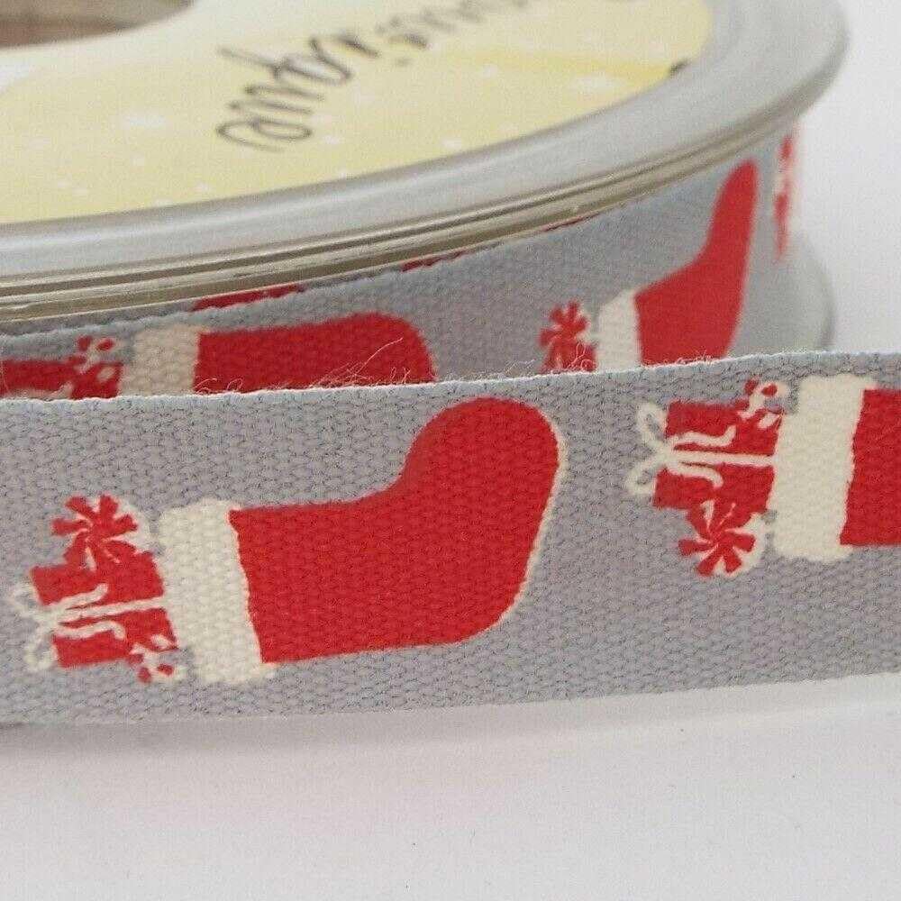 Cotton Ribbon 15mm Christmas Print Tape Grey Blue Retro 9 Design 2 4 Meter 138D, 063 Filled Stockings, 4 Metres