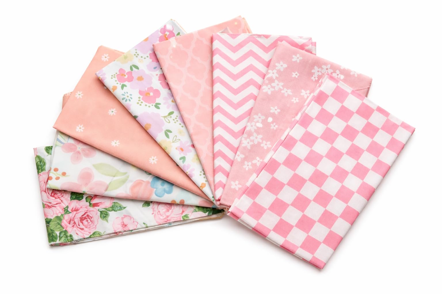 CraftsFabrics 8Pcs Pink Hearts & Stripes Fabric 100% Cotton 50x40cm Wide Fat Quarter Bundle for Quilting, Scrapbooking, Patchwork, DIY Projects