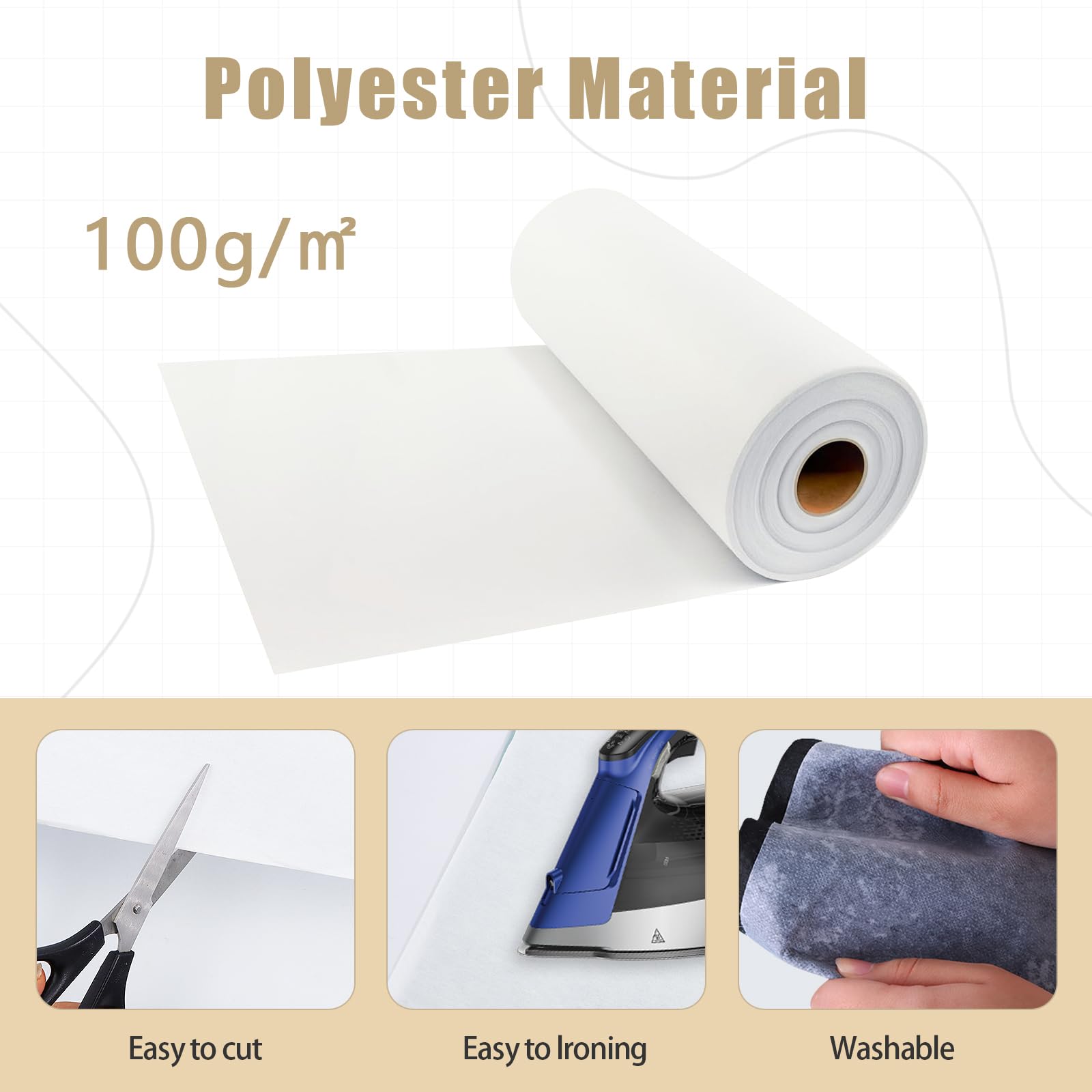 Heavy Weight White Iron-On Interfacing Fabric for Sewing, 11.8 Inch x 30.6 Yard Single-Sided Polyester Fabric for DIY Craft Supplies, Sewing, Shirt Plackets, Dresses, Collars