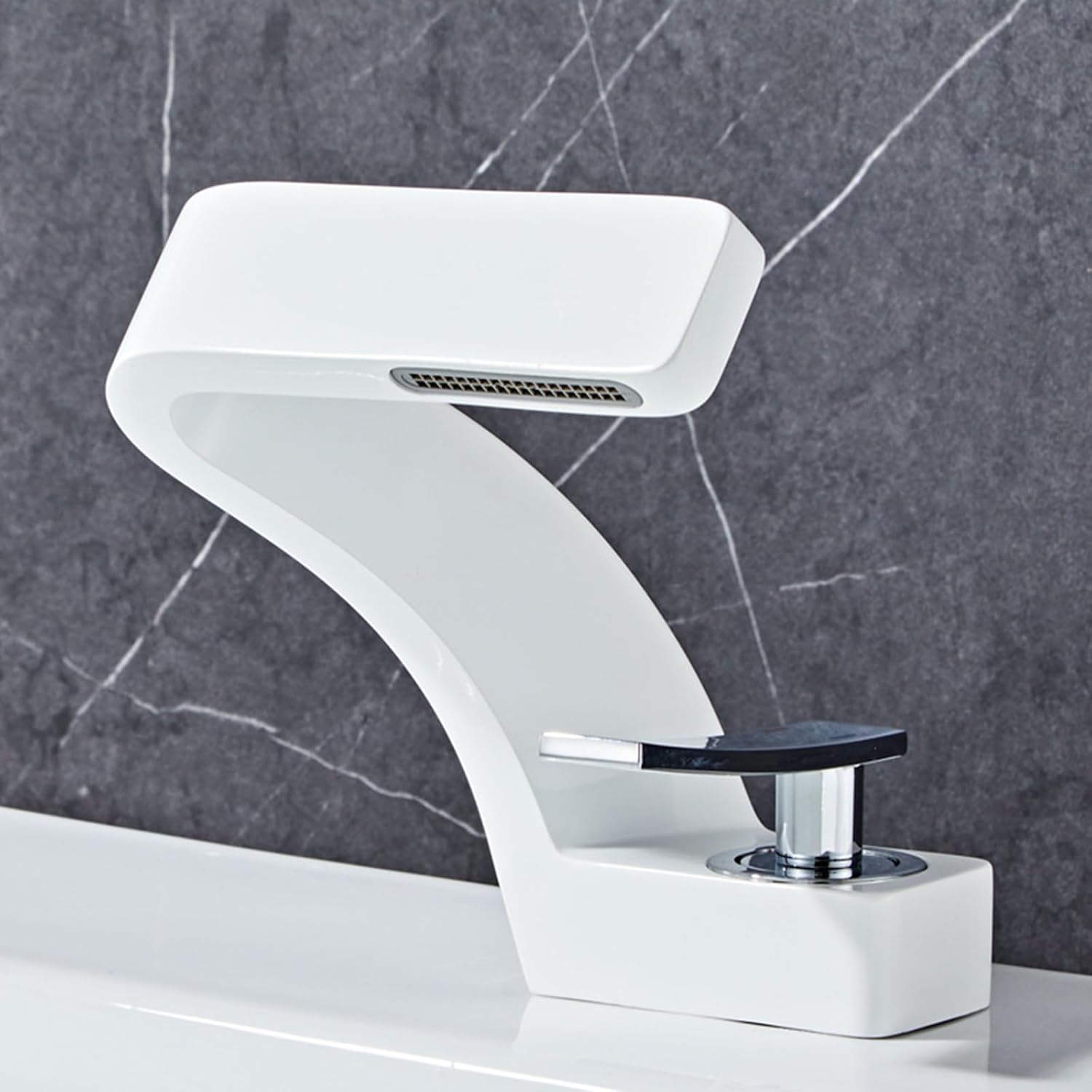 Zbbdfazd White + Chrome Bathroom Sink Mixer Tap, Brass Waterfall Basin Faucet, Single Lever Design