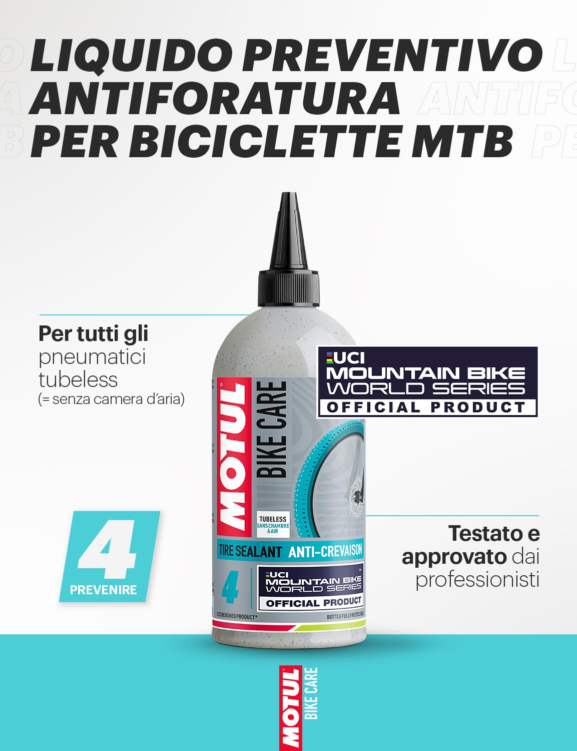 Motul - Liquido Preventivo Antiforatura per Biciclette MTB Tubeless - Gomme Senza Camera d’Aria - Fori Piccoli e Medi - Compatibile con MTB Elettriche - Bike Care Tire Sealant Off Road - 500 ml