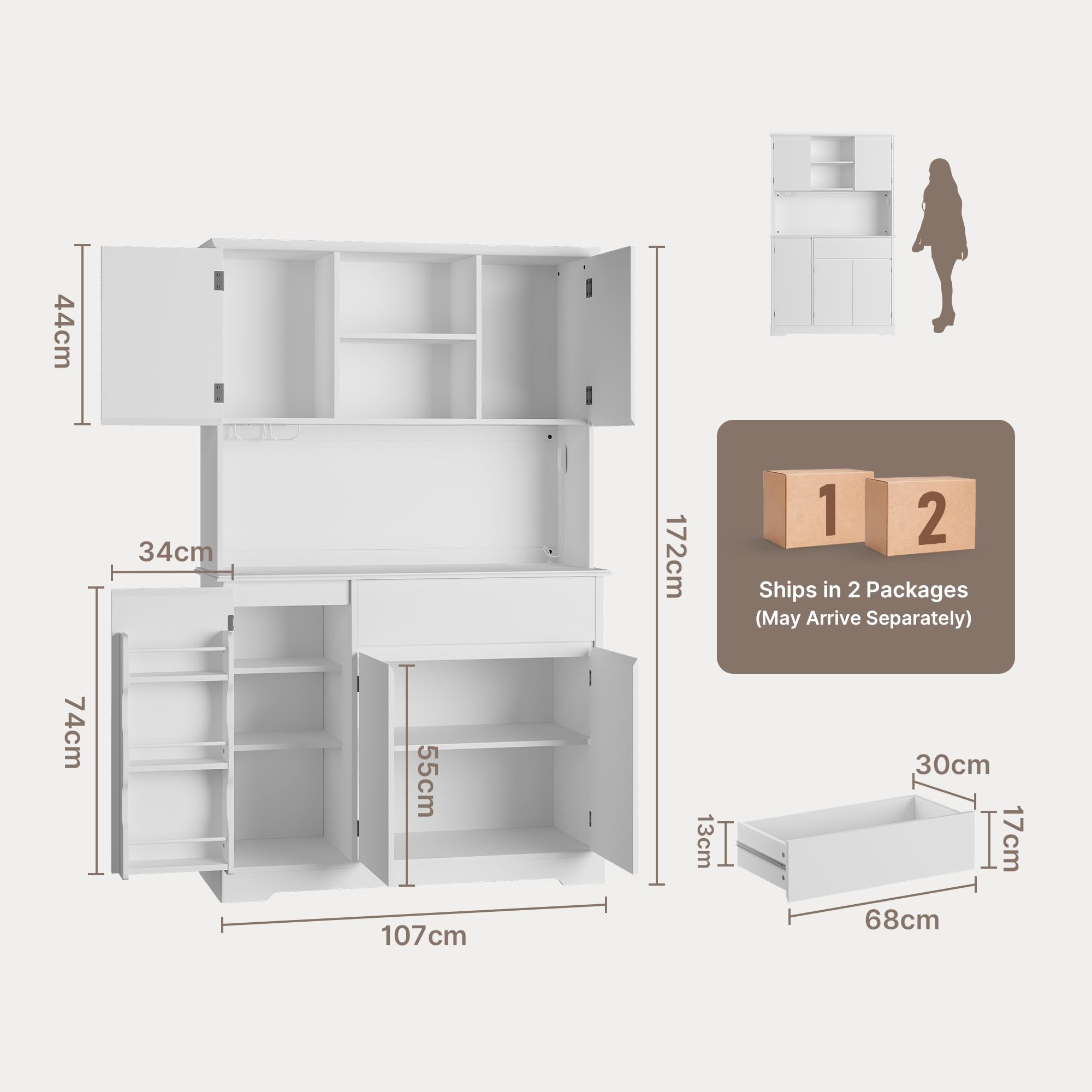 Xbro Alacena de Cocina, Mueble Cocina con LED y Enchufe, Blanco | 5 Puertas y 1 Cajones, Regleta, Encimera para Microondas, para Cocina, Comedor, Salón, 172x40x107 cm